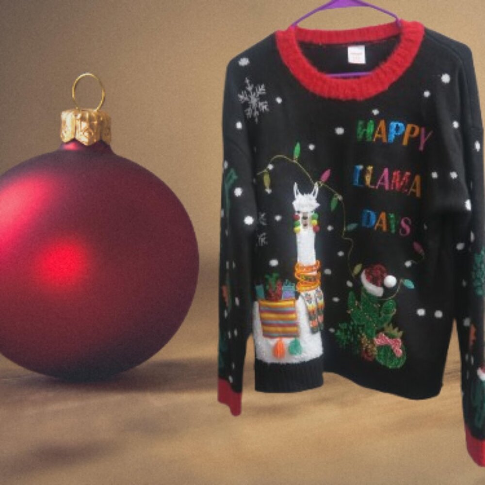 Holiday Time Ugly Christmas sweater happy llama days in black, white medium